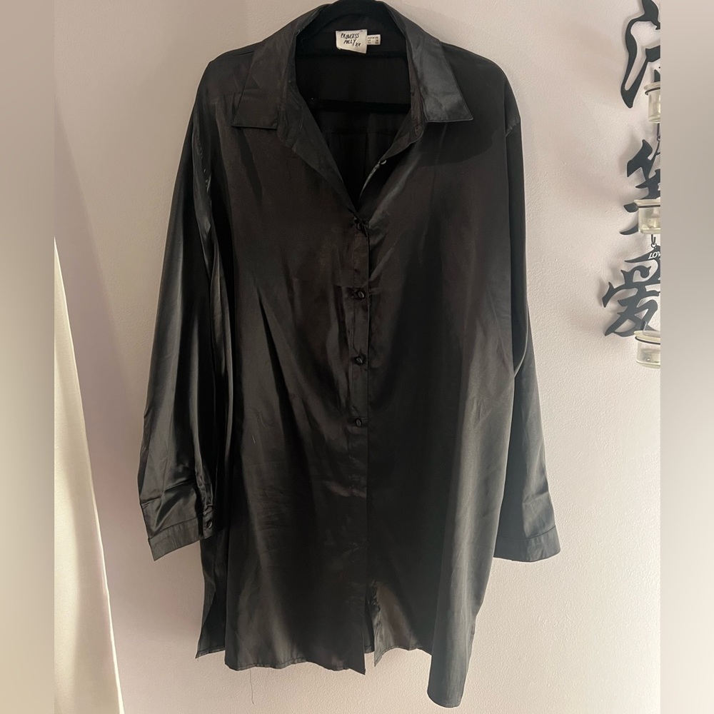 Princess Polly Black Satin button up mini dress